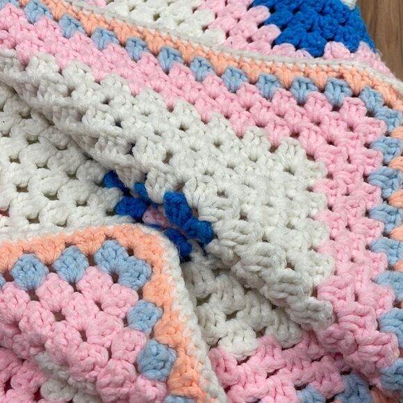 Handmade crocheted pink/blue/white/peach blanket - Picture 3 of 4